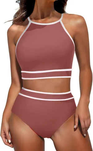 Women's High Waisted Bikini Sets Sporty Two Piece Swimsuits Color Block Cheeky High Cut Bathing Suits Swimwear