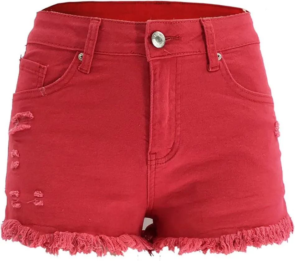 Womens Jean Shorts High Waist Stretch Hot Shorts Fringe Wash Jean Shorts Summer Cute Denim Shorts