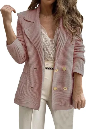 Women's Long Sleeve Blazer Business Office Jackets Lapel Ribbed Open Front Outwear Double Breasted Coat with Pockets