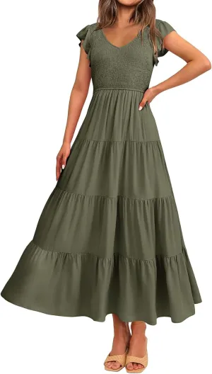 Women's Maxi Dresses Cap Ruffle Sleeve V Neck Backless Casual Dress Elastic Waist Tiered Pleated A-Line Dresses