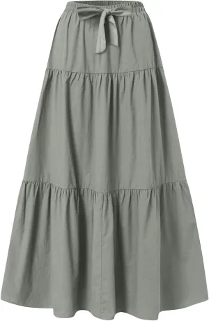 Womens Maxi Skirt Summer Layered Tiered Elastic Skirts for Work Pleated A Line Skirt Flowy Long Skirts Flowy (S-2Xl)