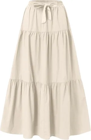 Womens Maxi Skirt Summer Layered Tiered Elastic Skirts for Work Pleated A Line Skirt Flowy Long Skirts Flowy (S-2Xl)