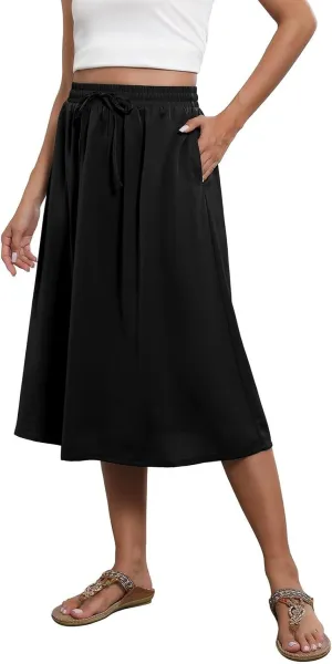 Women's Midi Boho Floral Skirts Trendy A Line Skirt Drawstring High Elastic Waist Comfy Flowy Skorts with Pockets