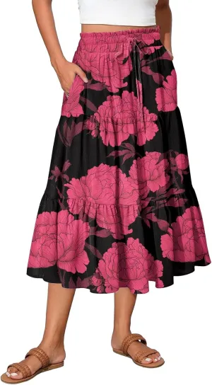 Womens Midi Skirts with Pockets 2025 Summer Long High Elastic Waist Beach Boho Flowy Ruffle A-Line Retro Floral Maxi Skirt