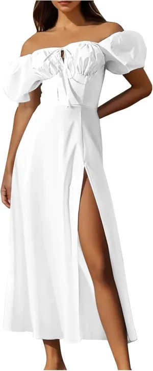 Womens Off The Shoulder Party Dresses Short Sleeve Flowy Long Dress Solid Color Casual Summer Dress