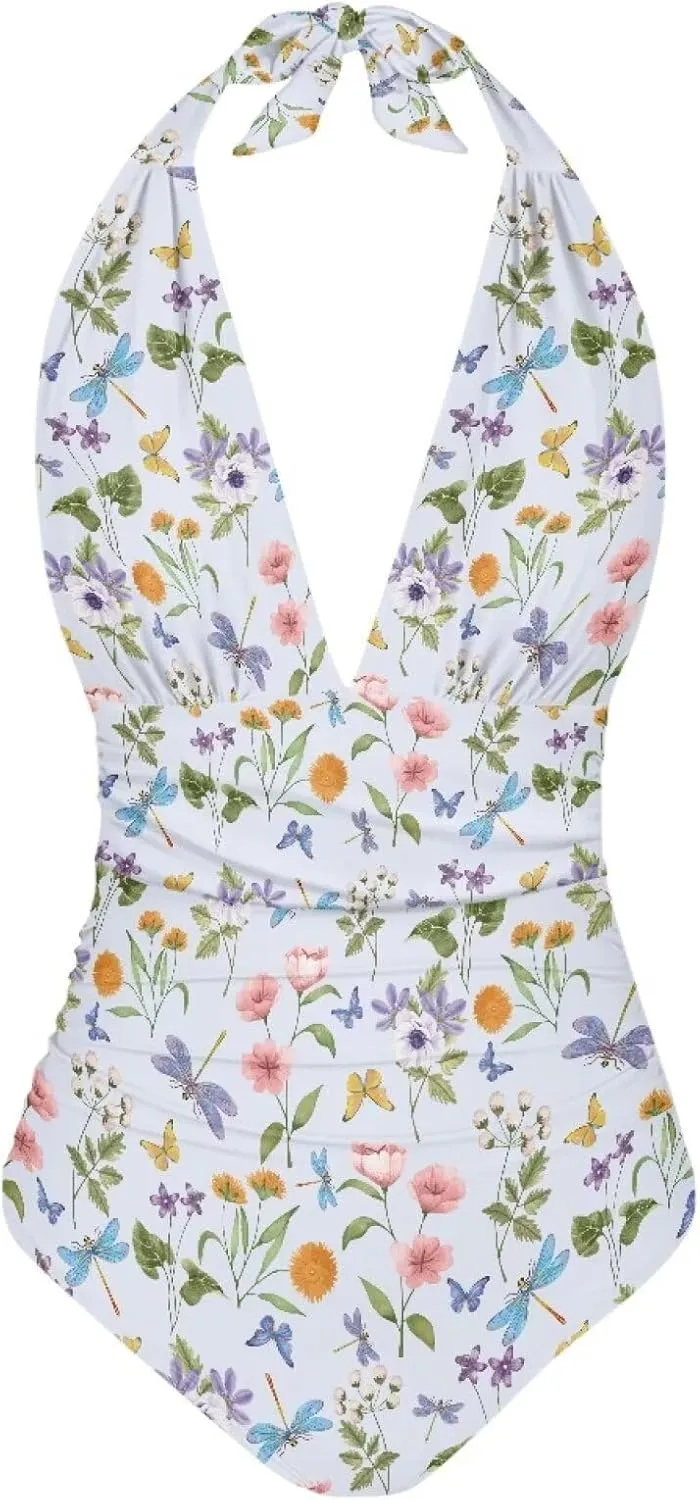 Womens One Piece Swimsuit Cheeky Cute Floral Ladies Monokini Open Back Swimsuit High Cut Bathing Suits