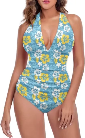Womens One Piece Swimsuit Cheeky Cute Floral Ladies Monokini Open Back Swimsuit High Cut Bathing Suits