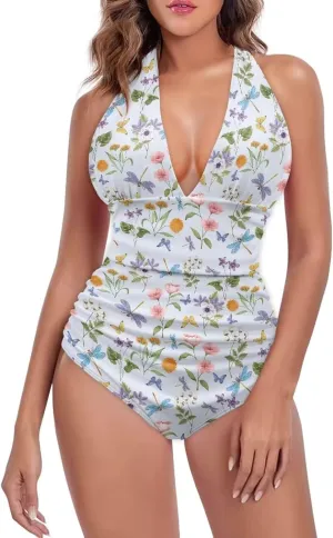 Womens One Piece Swimsuit Cheeky Cute Floral Ladies Monokini Open Back Swimsuit High Cut Bathing Suits