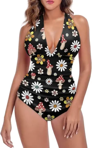 Womens One Piece Swimsuit Cheeky Cute Floral Ladies Monokini Open Back Swimsuit High Cut Bathing Suits