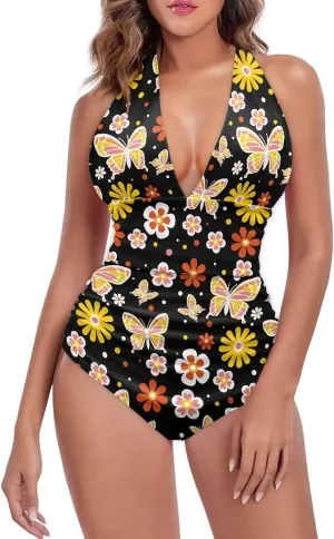 Womens One Piece Swimsuit Cheeky Cute Floral Ladies Monokini Open Back Swimsuit High Cut Bathing Suits