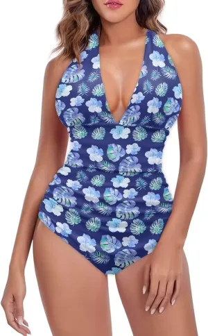 Womens One Piece Swimsuit Cheeky Cute Floral Ladies Monokini Open Back Swimsuit High Cut Bathing Suits