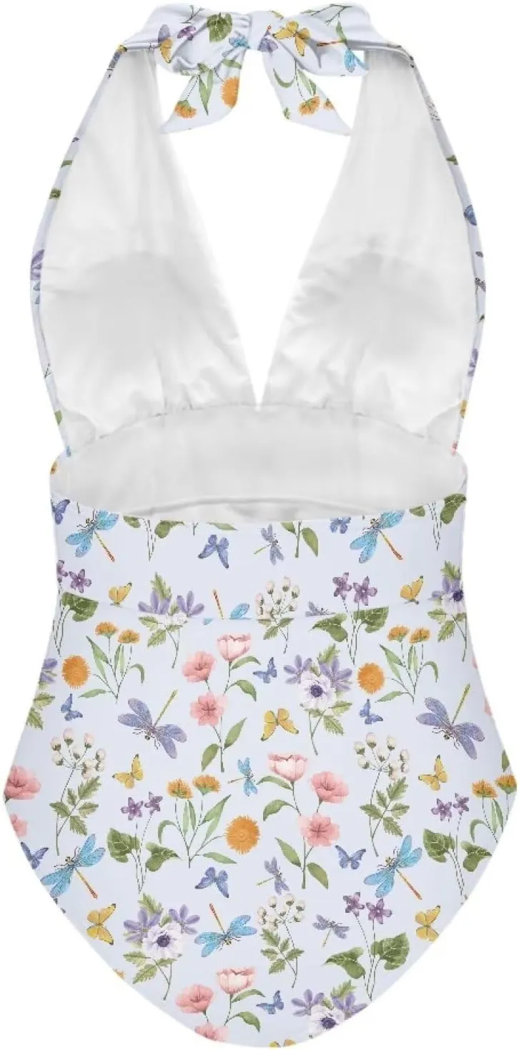 Womens One Piece Swimsuit Cheeky Cute Floral Ladies Monokini Open Back Swimsuit High Cut Bathing Suits