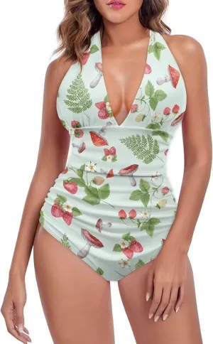 Womens One Piece Swimsuit Cheeky Cute Floral Ladies Monokini Open Back Swimsuit High Cut Bathing Suits