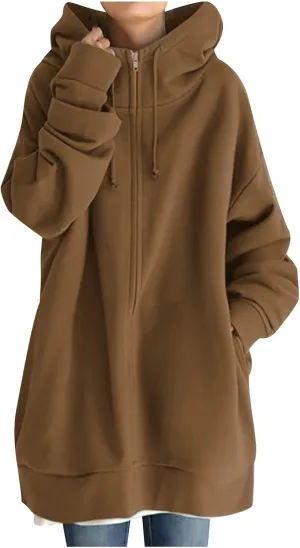 Women's Oversized Long Hoodies Jacket Casual Zip Up Cowl Neck Sweatshirts Pullover Coat Drawstring Tops with Pockets