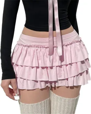 Women's Pleated Skirt Summer Bow Mini Skirt Ruffled Solid Color A-Line Korean Style Layered Skirt