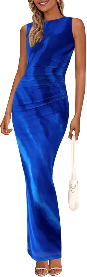 Women's Ruched Bodycon Maxi Dress Sleeveless Floral Slit Mesh Party Fitted Cocktail Wedding Guest Tank Dress