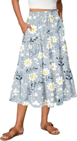 Womens Ruffled Tiered Floral Midi Skirts Casual High Waist Flowy Swing Dress 2025 Summer Boho Long Skirt with Pockets