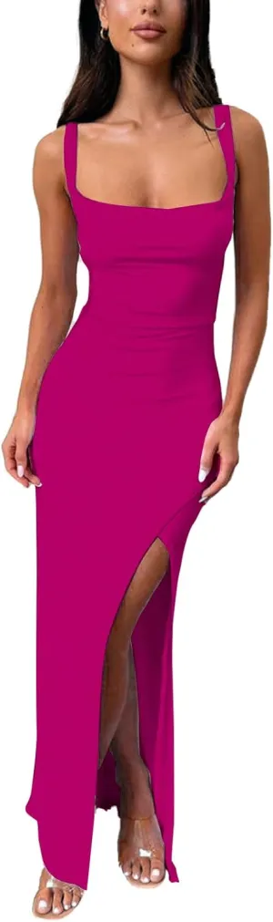 Women's Sexy Backless Spaghetti Straps Square Neck Maxi Dress Thigh High Slit Bodycon Cocktail Party Dress