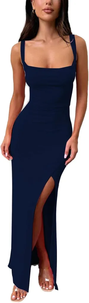 Women's Sexy Backless Spaghetti Straps Square Neck Maxi Dress Thigh High Slit Bodycon Cocktail Party Dress