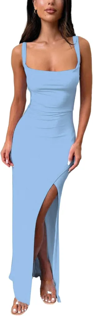 Women's Sexy Backless Spaghetti Straps Square Neck Maxi Dress Thigh High Slit Bodycon Cocktail Party Dress