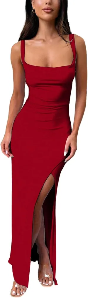 Women's Sexy Backless Spaghetti Straps Square Neck Maxi Dress Thigh High Slit Bodycon Cocktail Party Dress