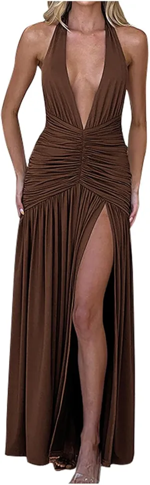 Women's Sexy Halter Deep V Neck Maxi Dress Sleeveless Backless High Slit Ruched Long Dress Summer Party Cocktail Maxi Dresses