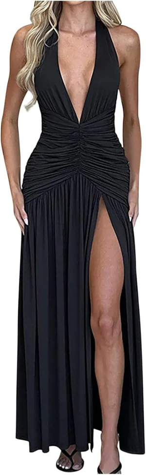 Women's Sexy Halter Deep V Neck Maxi Dress Sleeveless Backless High Slit Ruched Long Dress Summer Party Cocktail Maxi Dresses