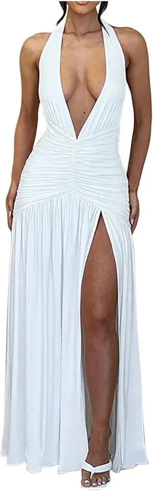 Women's Sexy Halter Deep V Neck Maxi Dress Sleeveless Backless High Slit Ruched Long Dress Summer Party Cocktail Maxi Dresses