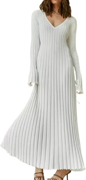 Women's Sexy Long Maxi Dress V Neck Backless Slim Fit Pencil Long Dress Bodycon Party Clubwear Dresses (G-White V Neck Knit,L)