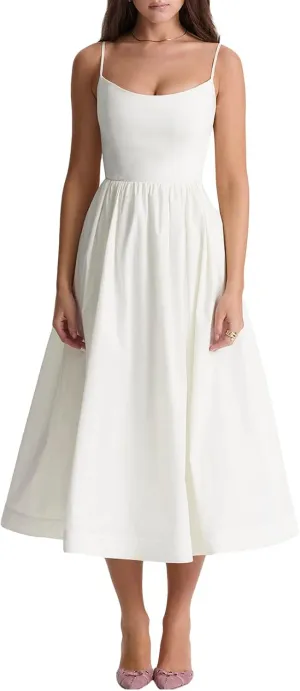 Women's Sexy Low Cut Spaghetti Strap Long Dress Casual Sleeveless Backless Slimd Midi Dress Square Neck Bustier Dress