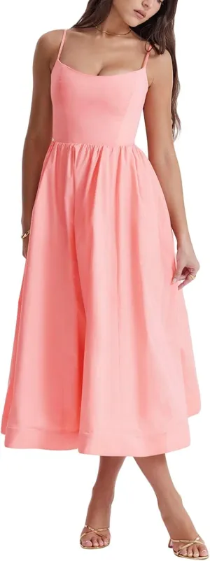 Women's Sexy Low Cut Spaghetti Strap Long Dress Casual Sleeveless Backless Slimd Midi Dress Square Neck Bustier Dress