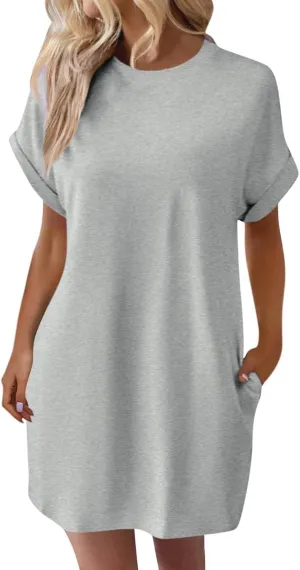 Womens Shirt Dress Summer Short Sleeve Tshirt Dress Beach Mini Sundress Crew Neck Loose Solid Color Nightgown