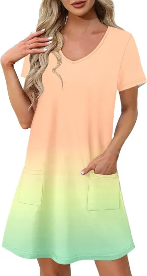 Womens Short Sleeve Casual Summer Dresses 2025 V Neck Shift Dress Loose Fit Flowy Short Dress