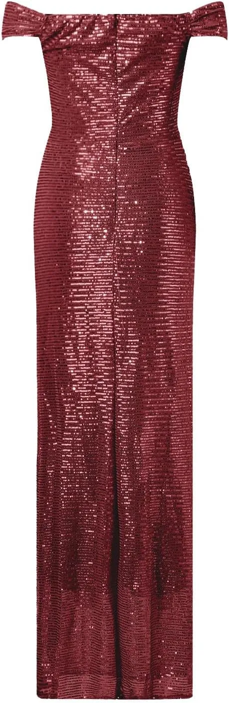 Women's Solid Off Shoulder Sequin Dress Maxi Formal Fit Wedding Guest Evening Party Dress for Women Long Slit Dresses