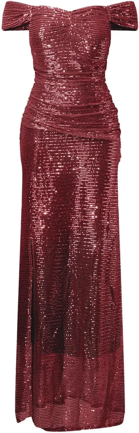 Women's Solid Off Shoulder Sequin Dress Maxi Formal Fit Wedding Guest Evening Party Dress for Women Long Slit Dresses