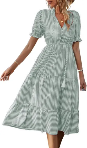 Womens Striped Dress Casual V Neck Button Down Short Sleeve Midi Dress Summer Comfy Tunic Tiered Ruffle Hem Sundress