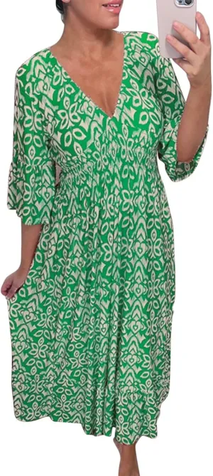 Women's Summer Boho Dress for Women 2023 V Neck Short Sleeve Unique Cross Wrap High Waist Casual Midi Sun Dresses