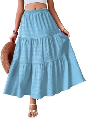 Women's Summer Casual Layered Tiered A Line Maxi Skirt, Elegant Smock Layered Flowy Pleated Maxi Skirt with Pockets