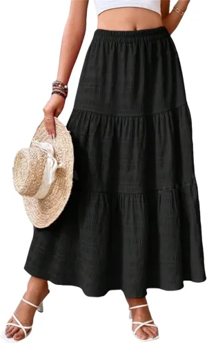 Women's Summer Casual Layered Tiered A Line Maxi Skirt, Elegant Smock Layered Flowy Pleated Maxi Skirt with Pockets