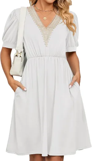 Women's Summer Dress A line Waisted Midi Dresses Lace V Neck Puff Short Sleeve Sundress Casual Cotton Beach Dress