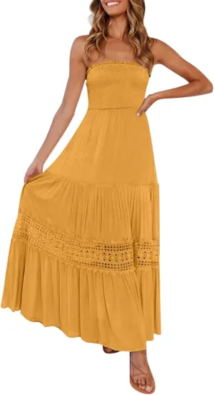 Womens Summer Dresses Loose Strapless Off Shoulder Lace Trim Backless Flowy A Line Beach Long Maxi Dress Backless Skirt