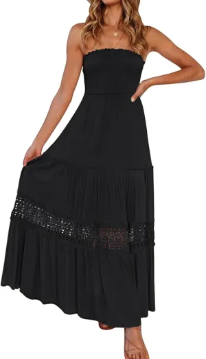 Women's Summer Maxi Dress Strapless Off Shoulder Lace Trim Backless Flowy Smocked Tiered Long Beach Sundresses