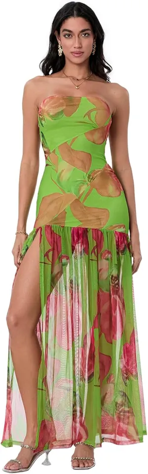 Women's Tube Top Dress Sexy Strapless Mesh Backless High Slit Long Dress Summer Party Ruched Bodycon Maxi Sundress