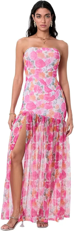 Women's Tube Top Dress Sexy Strapless Mesh Backless High Slit Long Dress Summer Party Ruched Bodycon Maxi Sundress