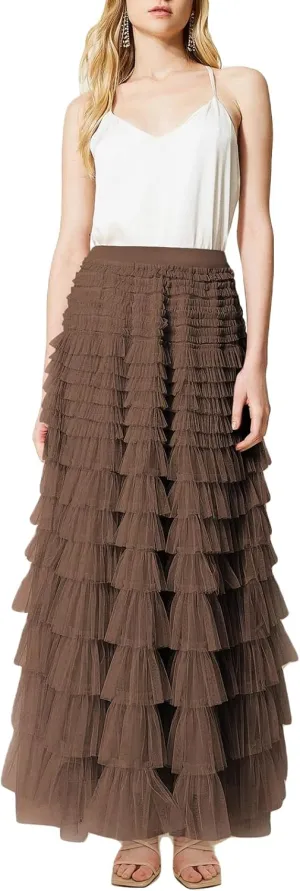 Women's Tulle Long Skirt Elastic Waist Mesh Pleated Maxi Skirt Ruffle Tiered Layered Tulle Tutu Skirt Cake Skirt