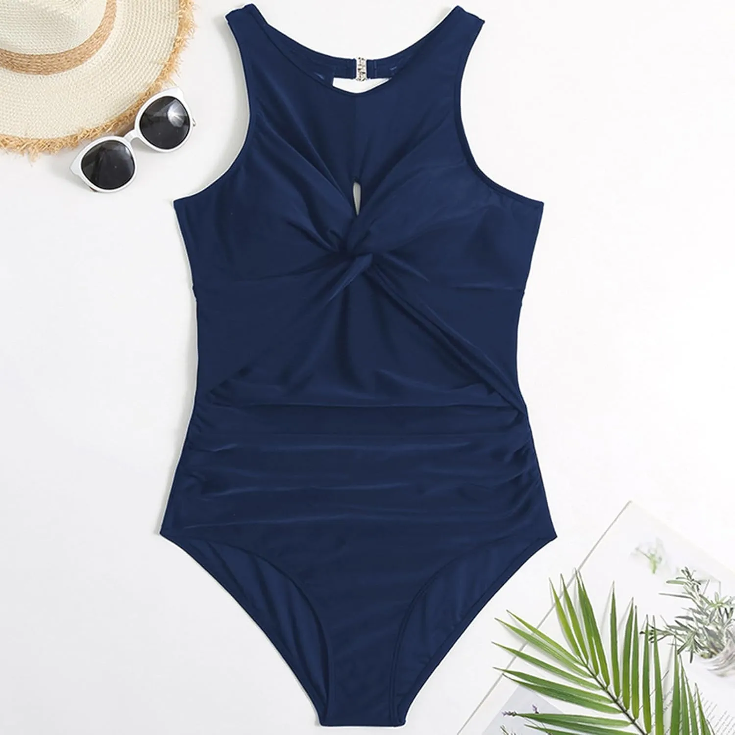 Women's Twist Front One Piece Swimsuit Cutout Ruched Tummy Control Swimwear High Cut Slimming Bathing Suits Swim Suit