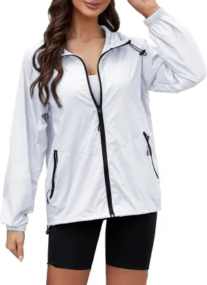 Womens Waterproof Outdoor Rain Jackets Lightweight Packable Hooded Raincoat Adjustable Soft Shell Windbreaker Jacket