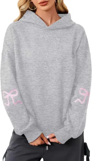 Womens Y2K Bow Trim Print Hoodie Oversized Long Sleeve Hooded Sweatshirts Graphic Pullover Top For Teen Girls