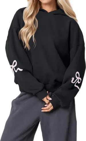 Womens Y2K Bow Trim Print Hoodie Oversized Long Sleeve Hooded Sweatshirts Graphic Pullover Top For Teen Girls