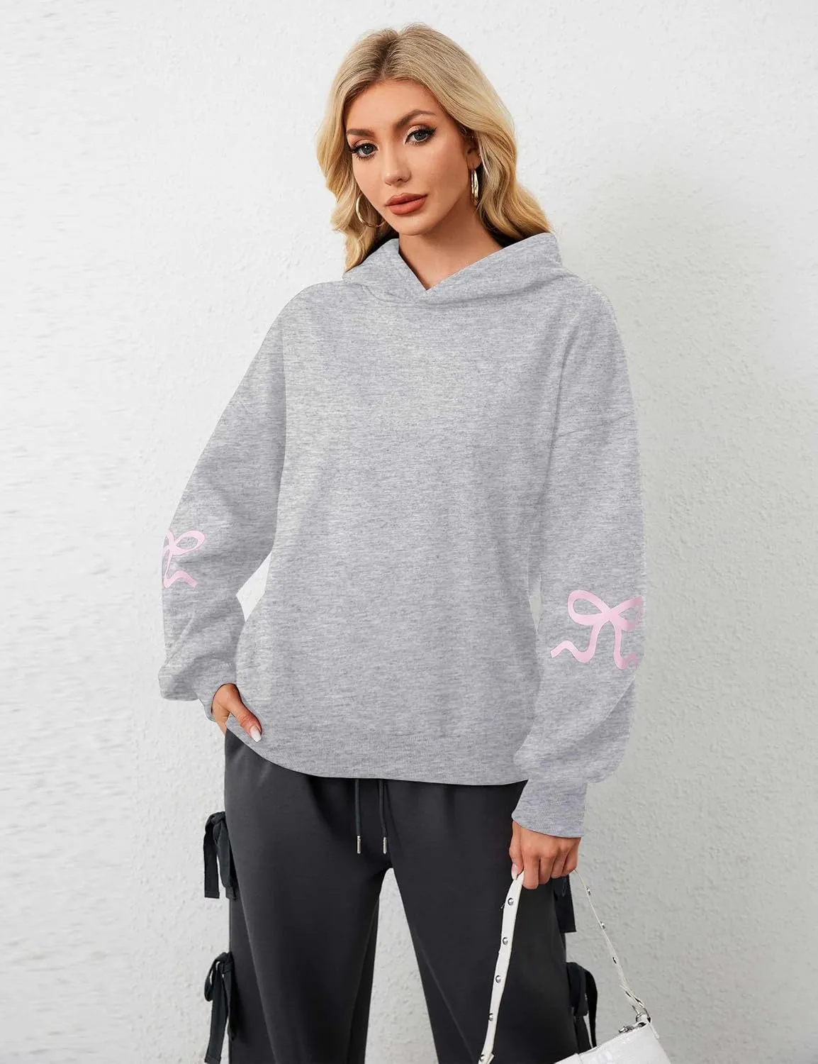 Womens Y2K Bow Trim Print Hoodie Oversized Long Sleeve Hooded Sweatshirts Graphic Pullover Top For Teen Girls